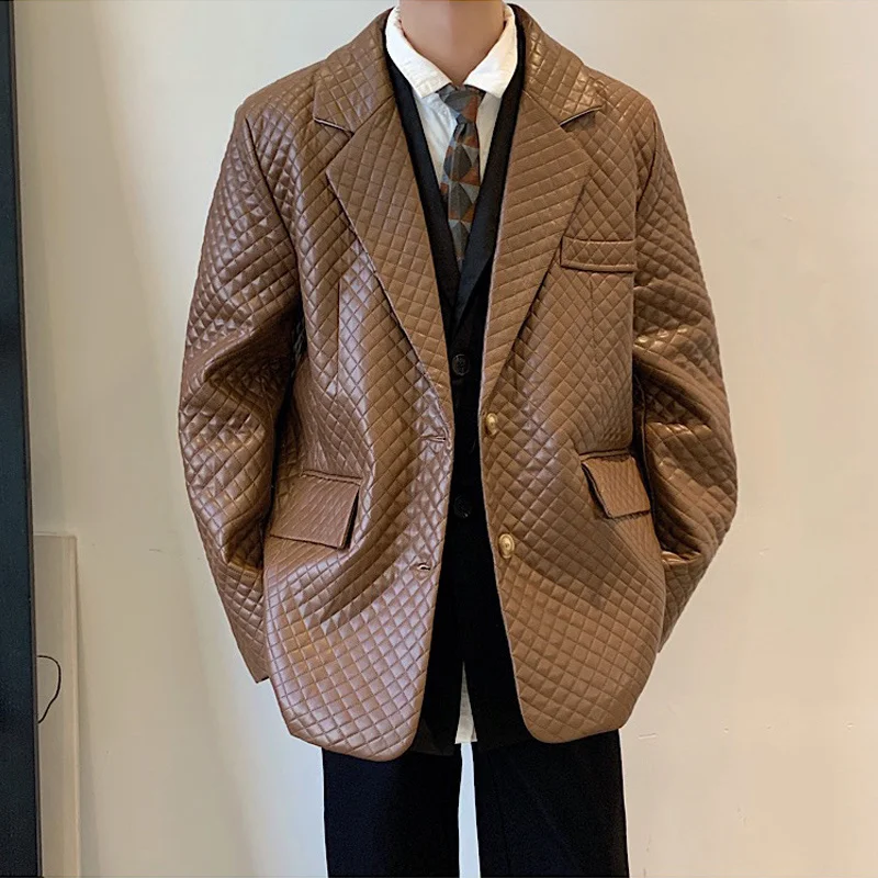Coffee Black Leather Blazer Men Fashion Social Mens Dress Jacket Korean Loose Casual Suit Jacket Mens Leather Jackets M-XL
