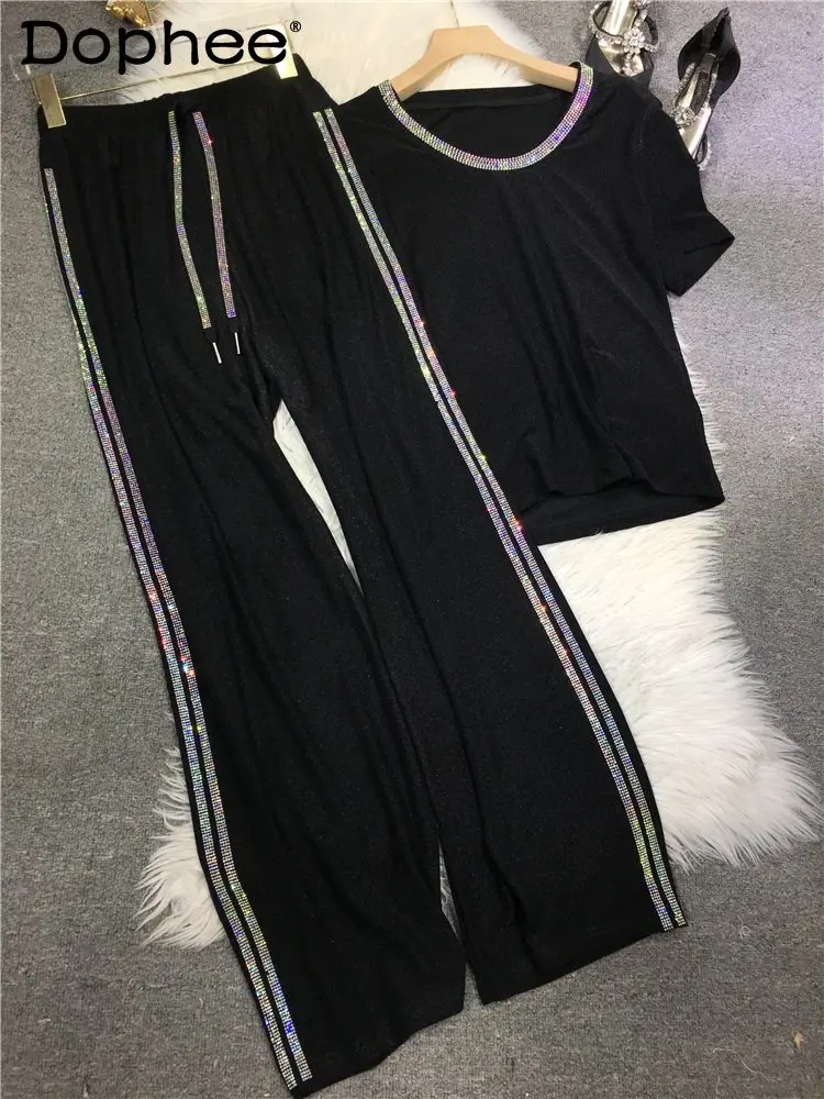

High Quality Hot Drilling Shiny Trousers Women Elastic High Waist Black Sports Casual Pants Summer Sweatpants Top Two Piece Set