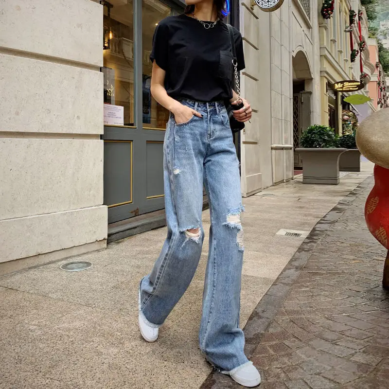

Autumn Female Fashion High Waist Wide Leg Ripped Denim Pants New Women Spring Hole Jeans Vintage Elastic Light Straight Trousers