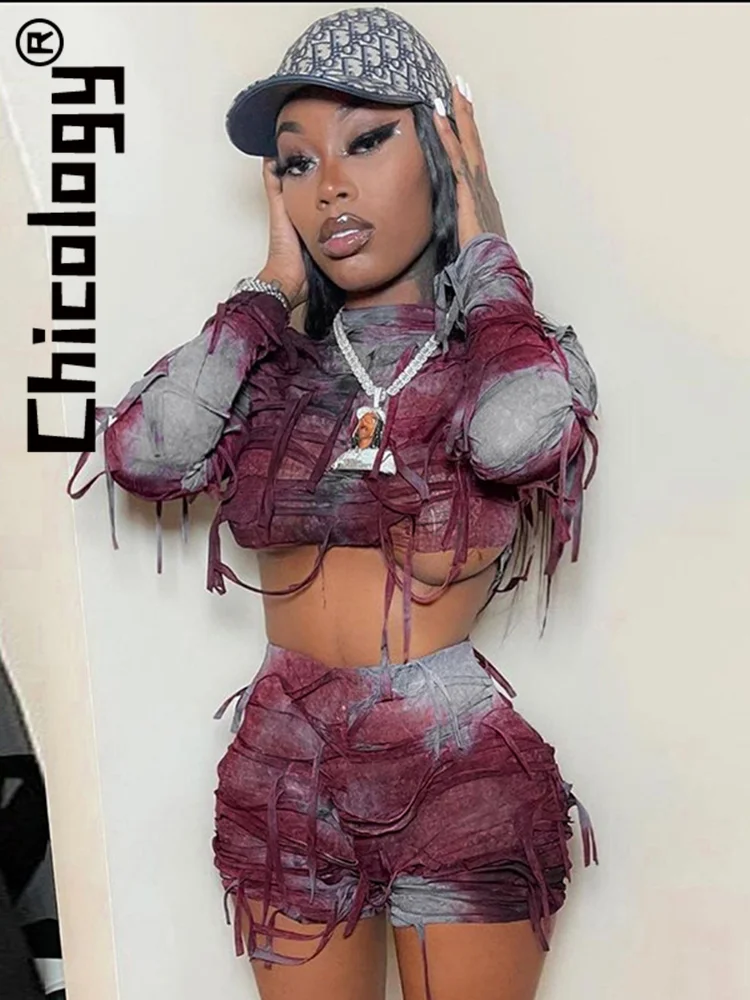 

Chicology Tie Dye Long Sleeve Tassel Crop Tops Slim 2 Piece Pants Sets Sexy Y2K Streetwear Party Club Gothic 2022 Women Clothes