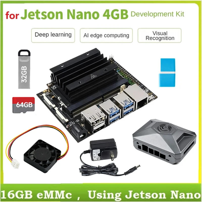 

For Jetson Nano 4GB AI Development Board Kit With Module+Heatsink+Case+Fan+32G U Disk+64G SD Card+Power Adapter
