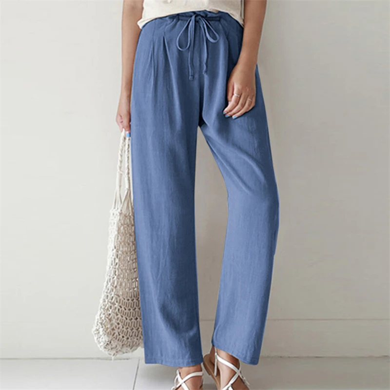 Women 2023 Summer Newcasual Loose Oversized Long Trousers Fashion Cotton Linen Pockets Wide-Leg Pants Drawstring Solid Pantalon