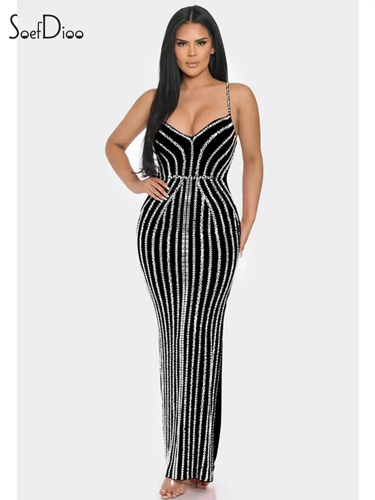 

Soefdioo Diamond Hot Rhinestone Spaghetti Strap V-Neck Body-Shaping Maxi Dress Women 2024 Elegant Party Evening Dresses Vestidos