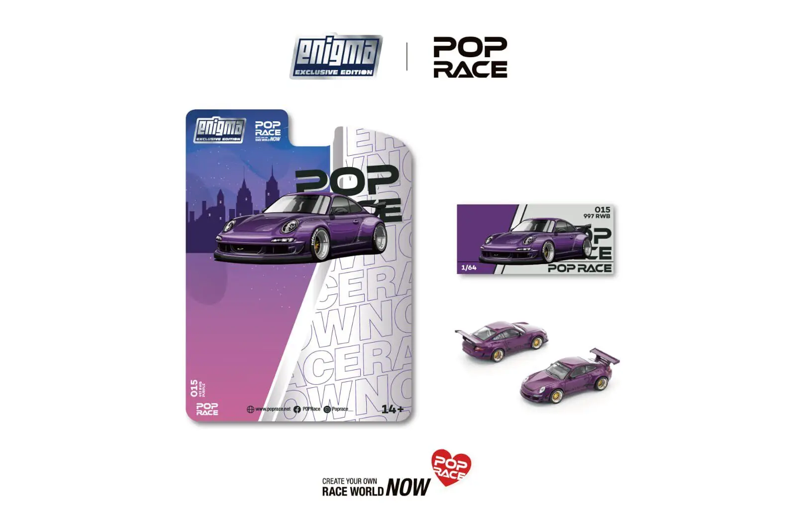 Фото В наличии, готов к отправке: эксклюзивная модель Pop Race x Enigma 1:64 Porsche 997 RWB, фиолетовый цвет, литая под давлением. №1