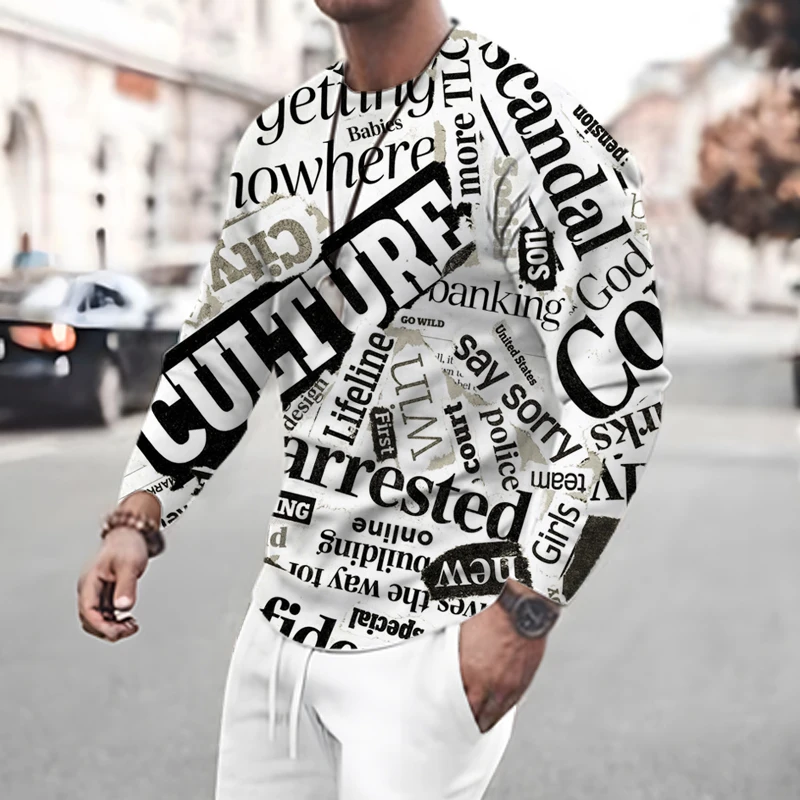 

2022 New T-shirts Old Newspaper T Shirt For Men Casual Fashion Hip Hop Funny Long Sleeve Streetwear Vintage Men's Top Tees
