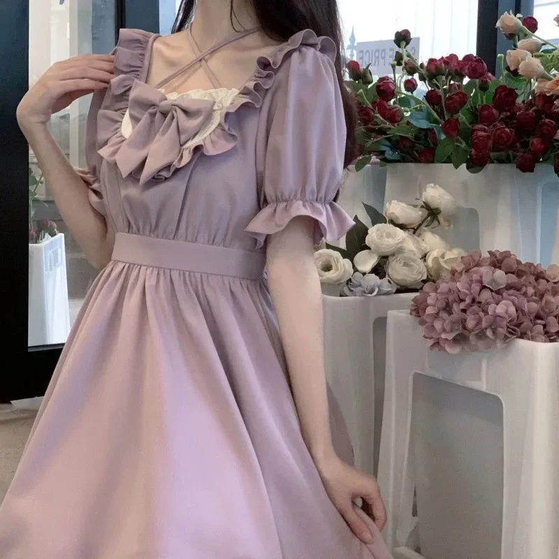 Лето 2024 студенческое женское платье в японском стиле с милым бантом фиолетовым