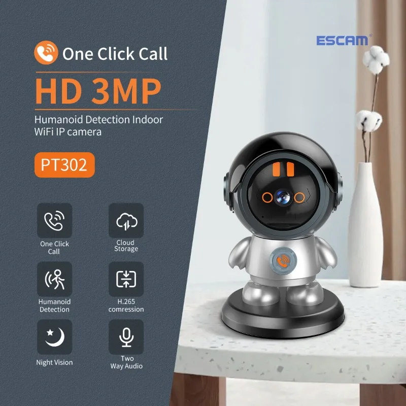 

ESCAM PT302 One click call Pan/Tilt Humanoid Detection Cloud Storage H.265 WiFi IP Camera with Two Way Audio Night Vision