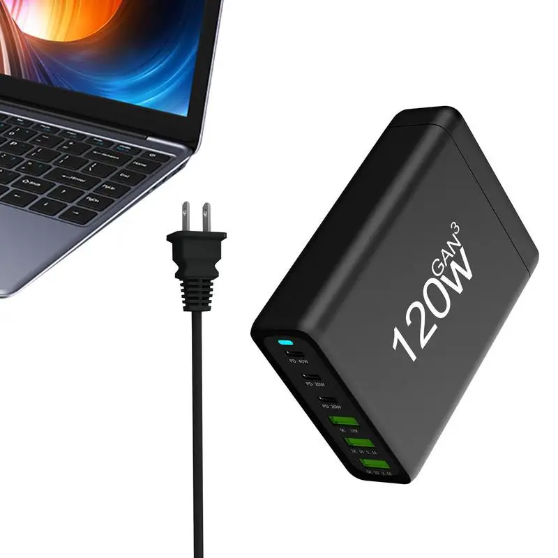 

USB Wall Charger Block 120W 6 Port PD QC Fast Power Adapter Type C Charging Plug For IPhone For IPad For Laptop Tablet
