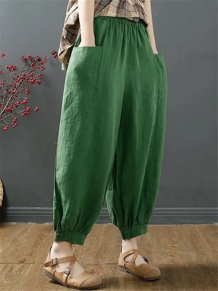 

2023 Women Linen Harem Pants Cotton Blend Sarouel Harajuku Bloomers Elastic Waist Streetwear Summer Korean Cool Trousers