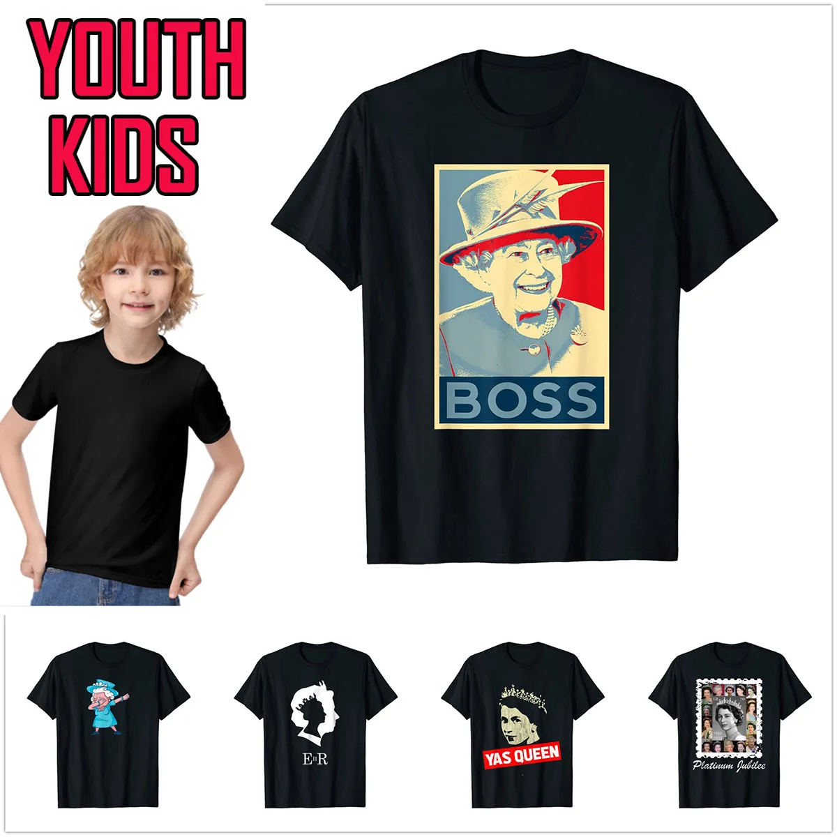 

More Design Youth Kids Elizabeth II Yas Queen England T-Shirt For Children T Shirt Family Tops Cotton Boy Girl Tee