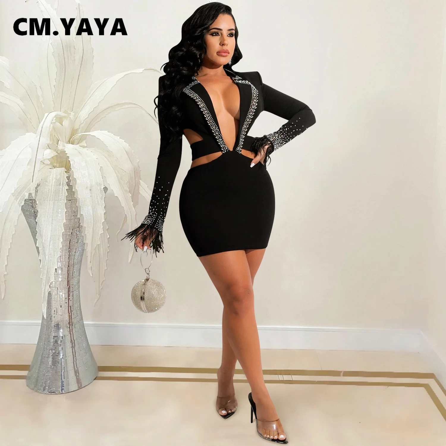 

CM.YAYA Women Diamonds Hot Rhinestones Cut Out Waist Long Sleeve Bodycon Midi Dress Sexy Party Club Night Notched Neck Dresses