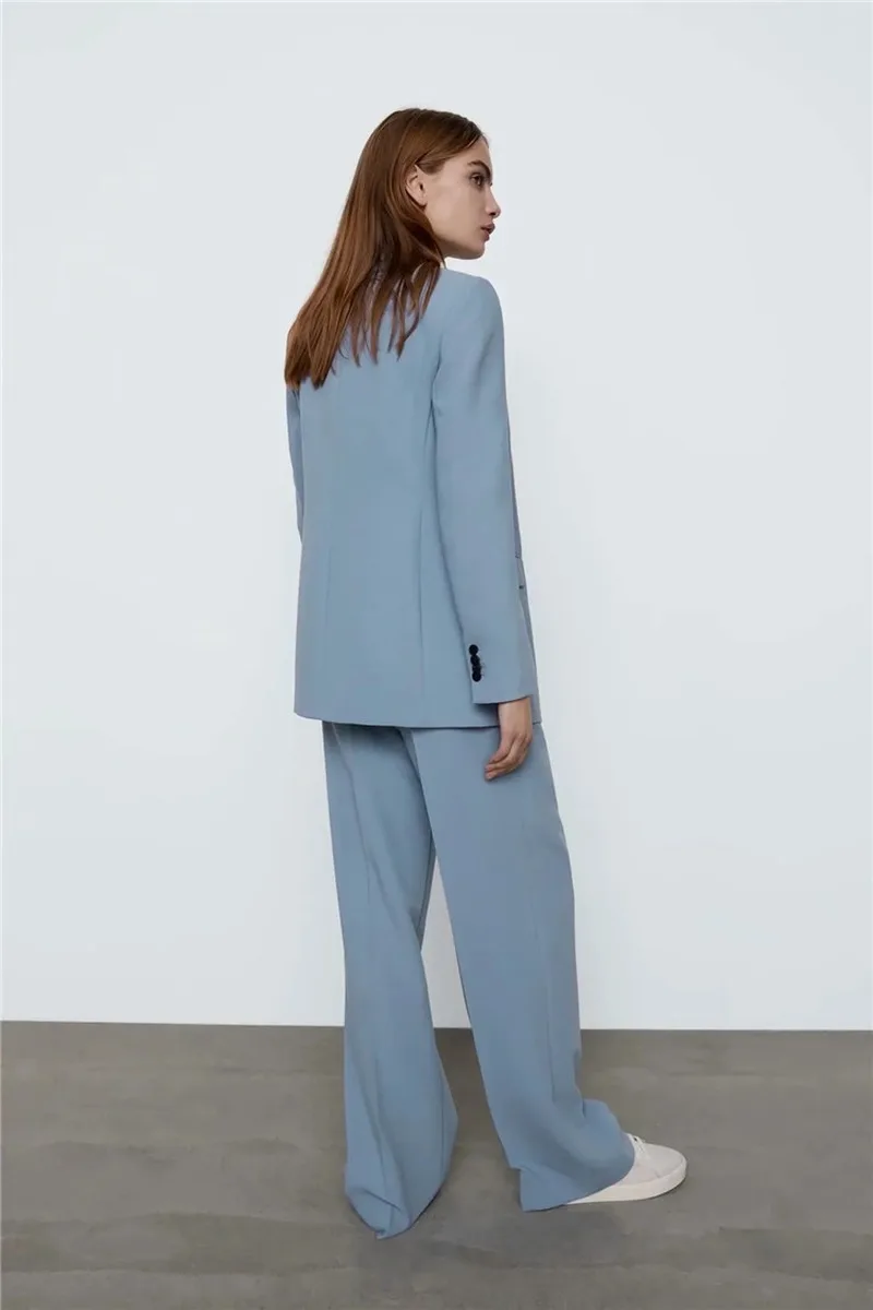 Women Simple Office Blazer Two Piece Set New Solid Colors Double Breasted Casual Commute Blazer + High Waist Straight Pants Suit