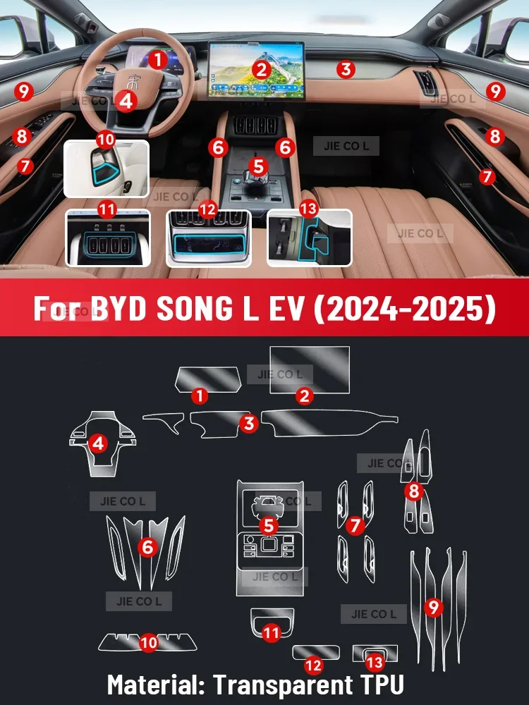 

Салон автомобиля с защитой от царапин для BYD SONG L EV 2024 2025, центральная консоль, медиа-приборная панель, навигация, защитная пленка из ТПУ, аксессуары
