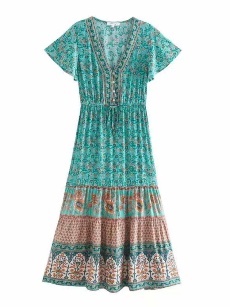 

Женское винтажное платье с цветочным принтом, богемное Макси-платье с рукавом летучая мышь, V-образным вырезом и пуговицами, летнее платье в ...