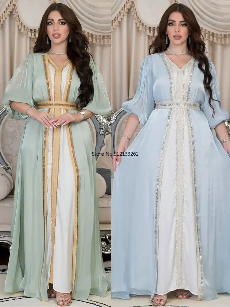 

3 Pieces Abaya Arabic Party Suit Muslim Evening Belted Set Satin Beading Open Abayas+Slip Long Dress Women Matching Sets Kaftan