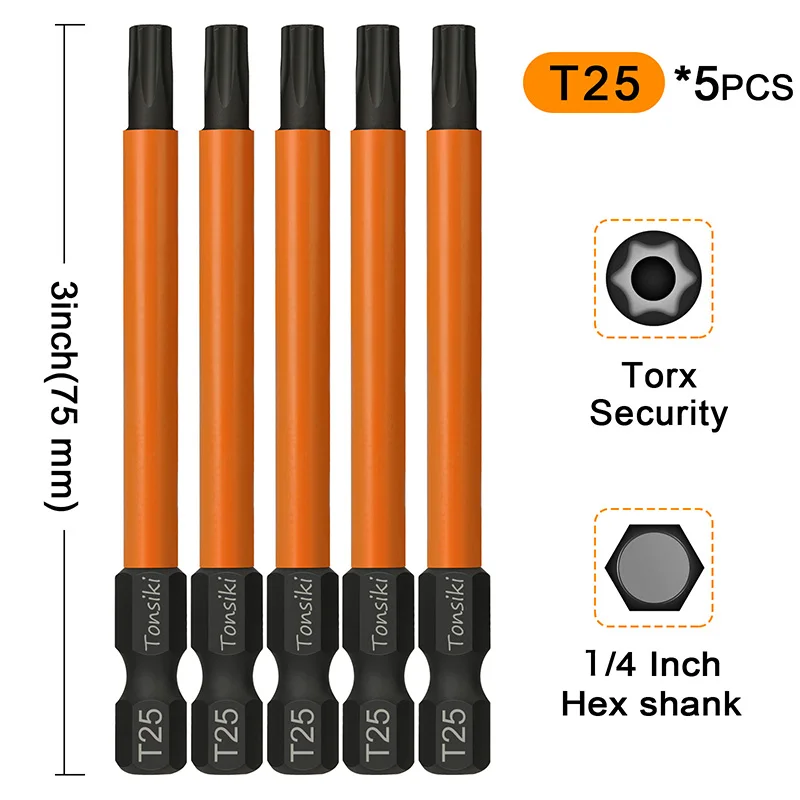 5Pcs T20 T25 Torx Screwdriver Bits 1/4 Inch Hex Shank Magent