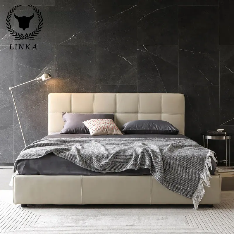 

Nordic Style Italian Simple Modern Leather Double Bed Can Store White Double Bed.