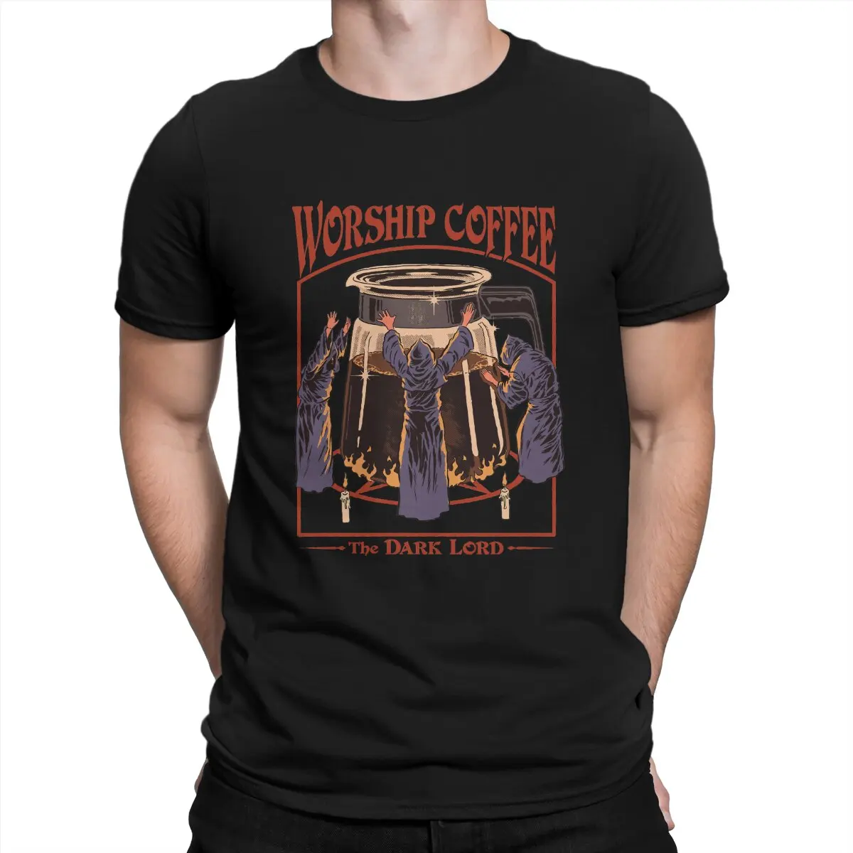 

Men Worship Coffee T Shirt Baphomet Satan Lucifer 100% Cotton Tops Unique Short Sleeve Round Neck Tee Shirt 6XL T-Shirts