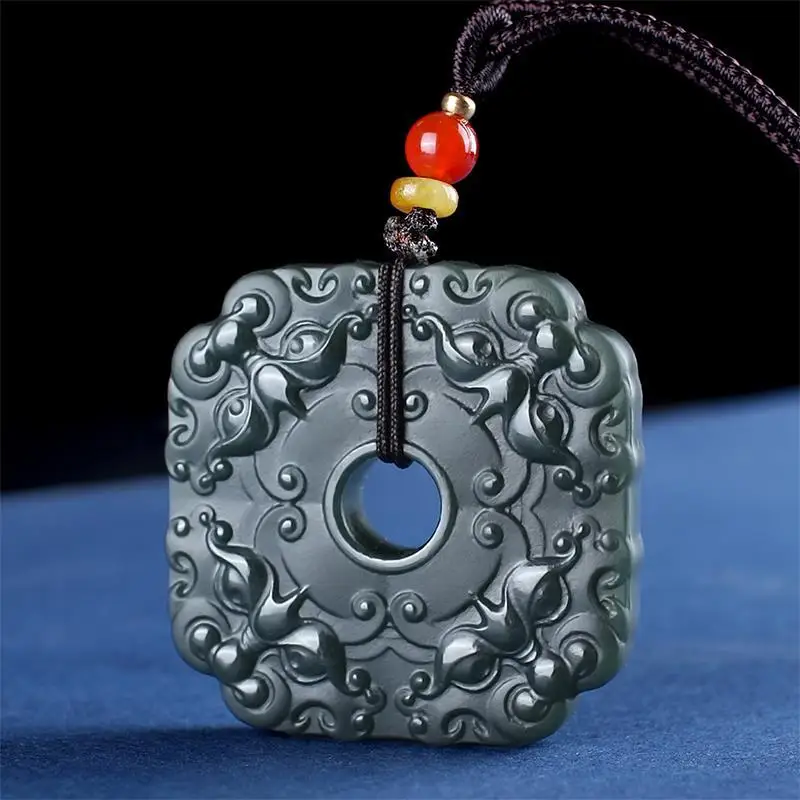 

New Natural Hetian Cyan Jade Carving Lucky Black Green Pendant Jadeite Charm Necklace Exquisite Jewelry Men Women with Chain