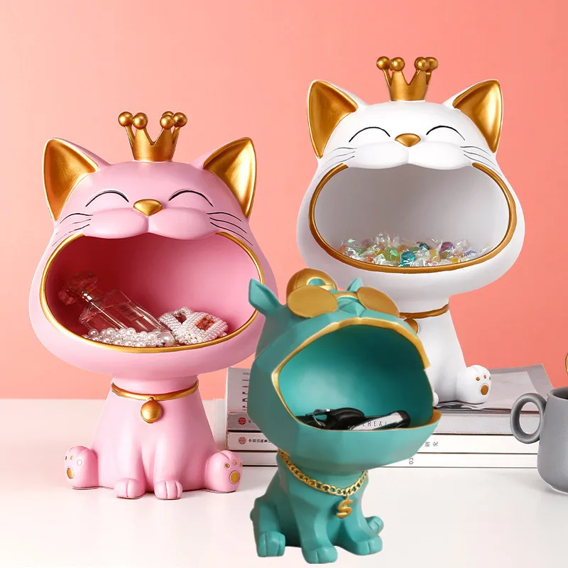 

Resin Dog Big Mouth Sunglasses Lucky Big Mouth Cat Storage Box Figurine Ornaments Candy Key Earring Jewelry Organizer Home Decor