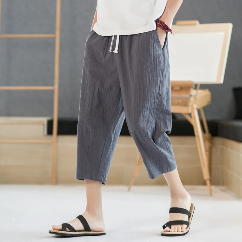 

Dropshipping Chinese Style Baggy Harem Pants Men Streetwear Casual Joggers Summer Cotton Linen Sweatpants Calf-Length Pants