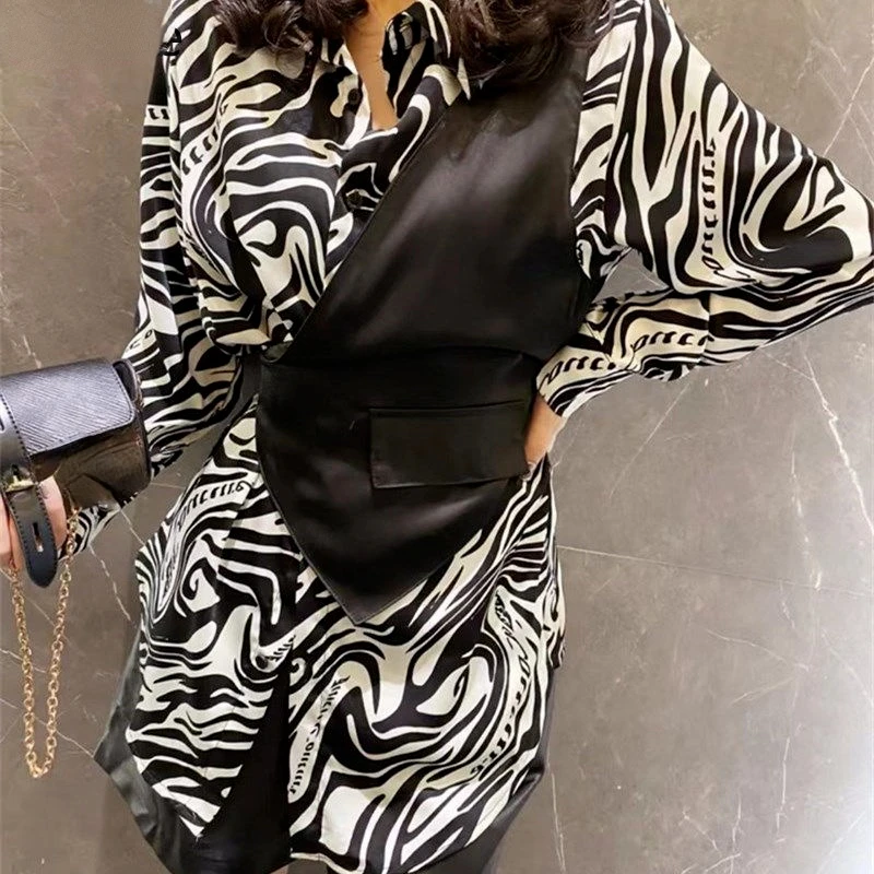 

Irregular Blouses Women 2022 New Fashion Shirts Patchwork Leopard Print Tops Chic Fake Two Piece Lace Up Chiffon Blusas