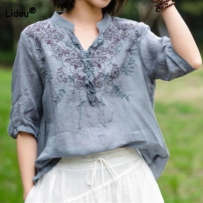 

Female Embroidery Spliced Vintage V-Neck T-shirt Pullovers Summer Women's Clothing Casual Fashion Solid Color Half Sleeve Tops