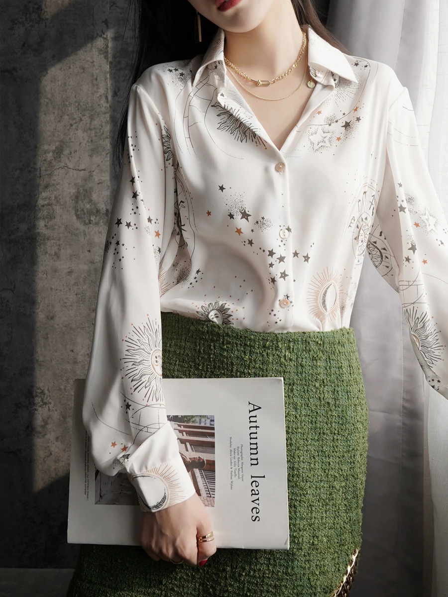 

Шифоновая женская блузка большого размера рубашка с принтом Летние Элегантные повседневные топы с длинным рукавом Свободная Женская одежд...