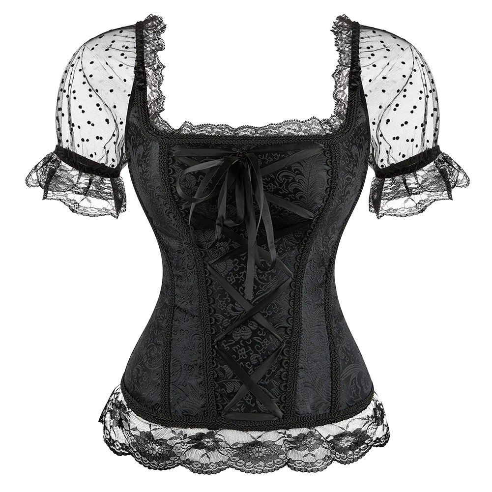 

Women Black Lingerie Corselet Body Shapewear Waist Bustier Top Lace Short Sleeves Corset