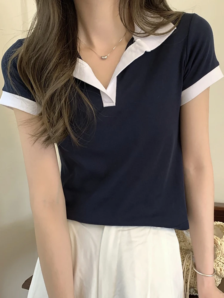 

2022 Summer Fashion Women T Shirts Solid Basic Casual Short Tops Female Turn-down Collar Slim Thin Short Sleeve Tee Shirt Femme