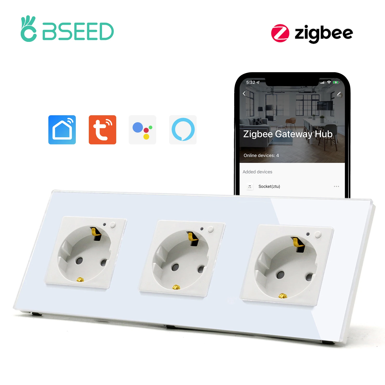Bseed Padrão da ue Ziguezague Soquetes de Parede Triplo 16a Soquetes Painel Vidro Suporte Tuya App Google Alexa Controle Voz Soquetes elétricos
