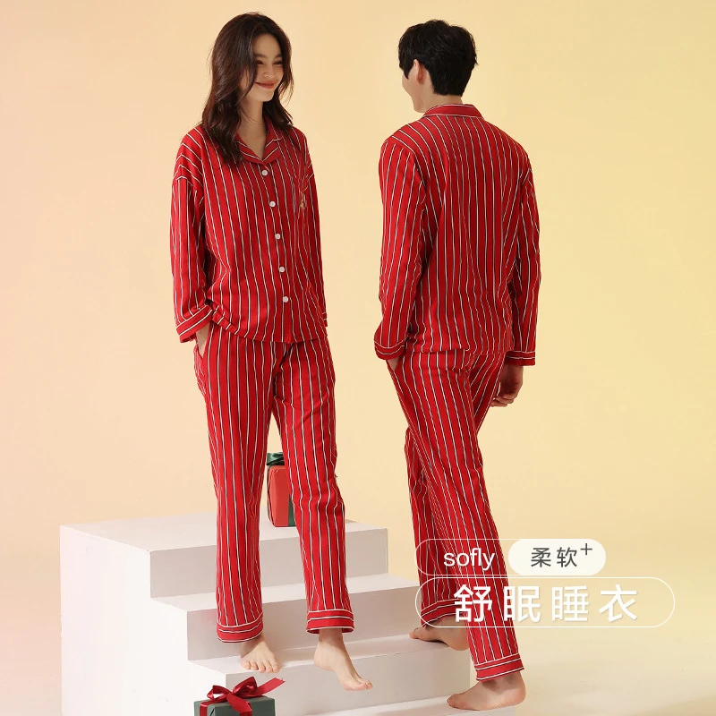 Spring and Autumn Cotton Couple Pajamas Women Turn-down Collar Long Sleeve Pajama Sets Soft Outfits Winter Men Home Clothes Suit