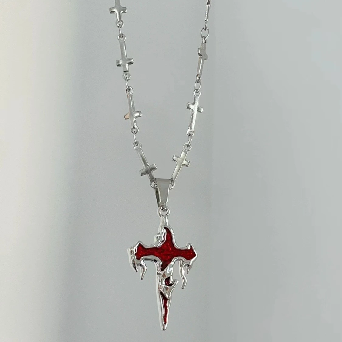 Gothic Fashion Lava Flame Red Cross Pendant Necklace for Wom