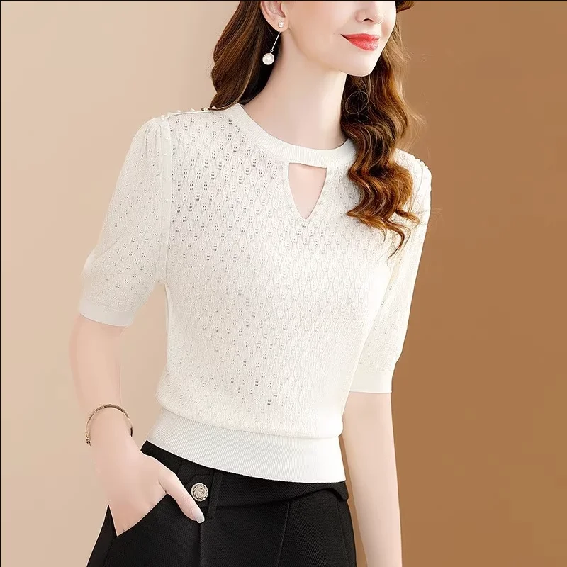 Женская шерстяная рубашка с коротким рукавом Свободный Тонкий пуловер круглым