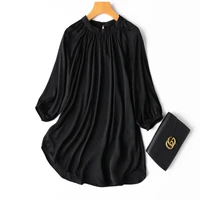 black natural silk new 2022 summer thin high quality womens tops and blouses office lady satin three quarter sleeve blouses
