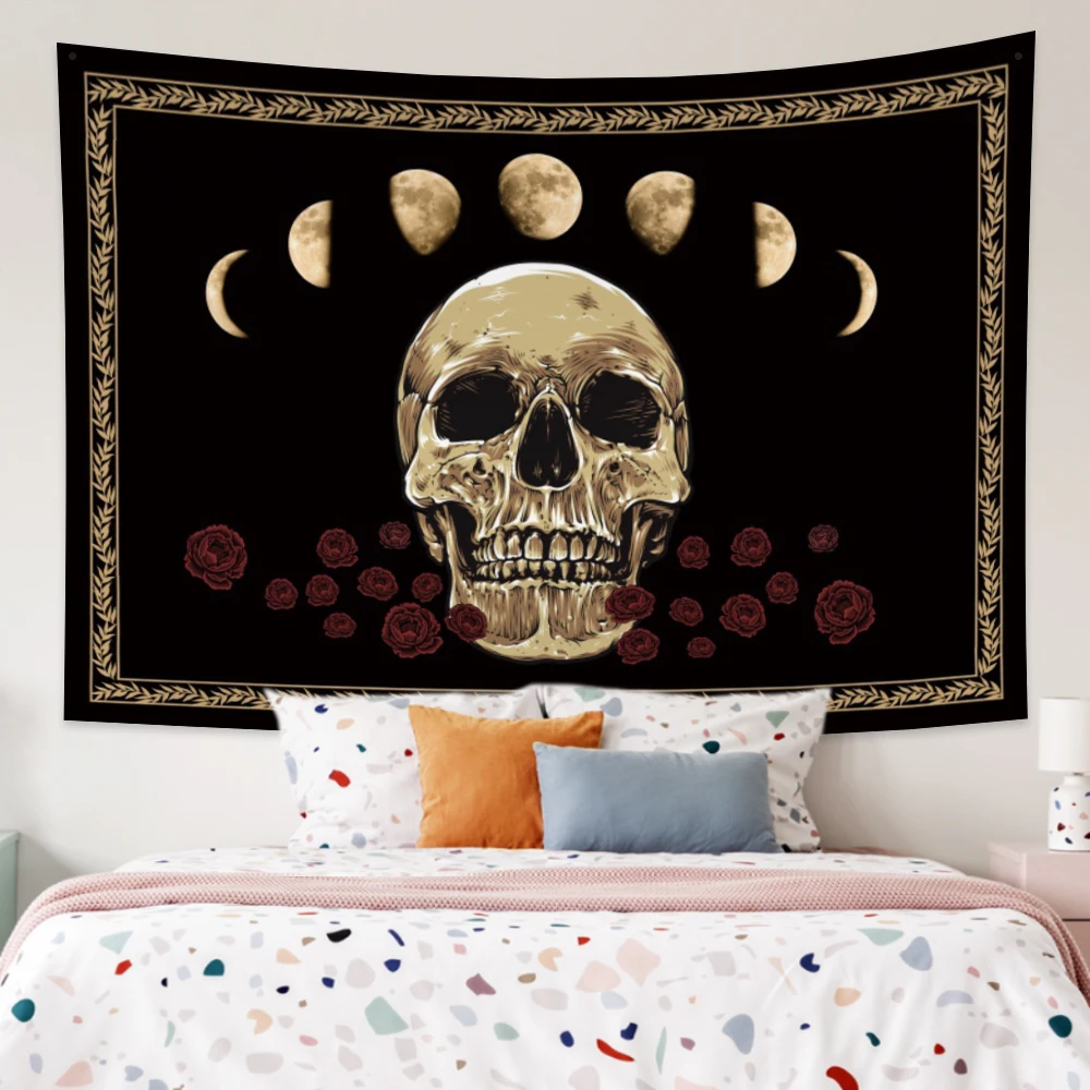 

Skull Tapestry Moon Rose Flowers Witchcraft Aesthetic Wall Hanging Psychedelic Tarot Dorm Bedroom Living Room Home Decor Blanket