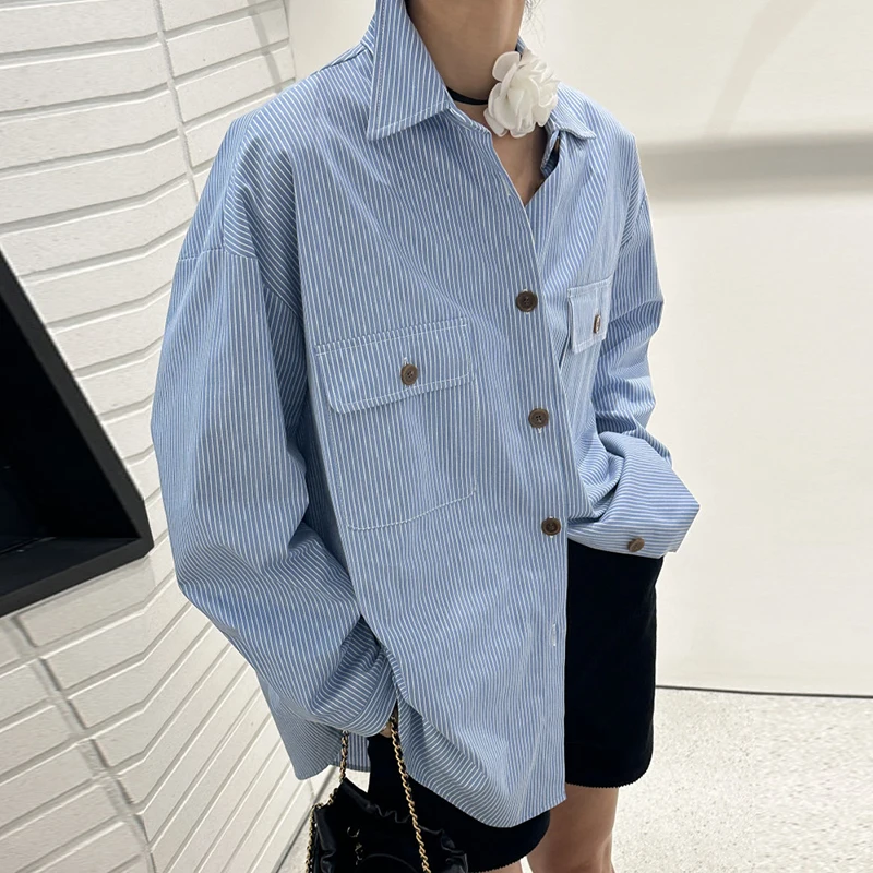 

Clothland Women Sweet Blue Striped Loose Blouse Long Sleeve Pocket Shirt Office Lady Work Wear Casual Tops Blusa LA961