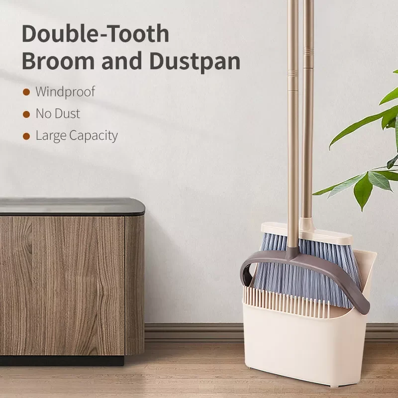 

Broom & Dustpan Set Windproof Stainless Broomstick Floor Cleaning Brush with Soft Comb Teeth Dustless Dustpan Cleaning