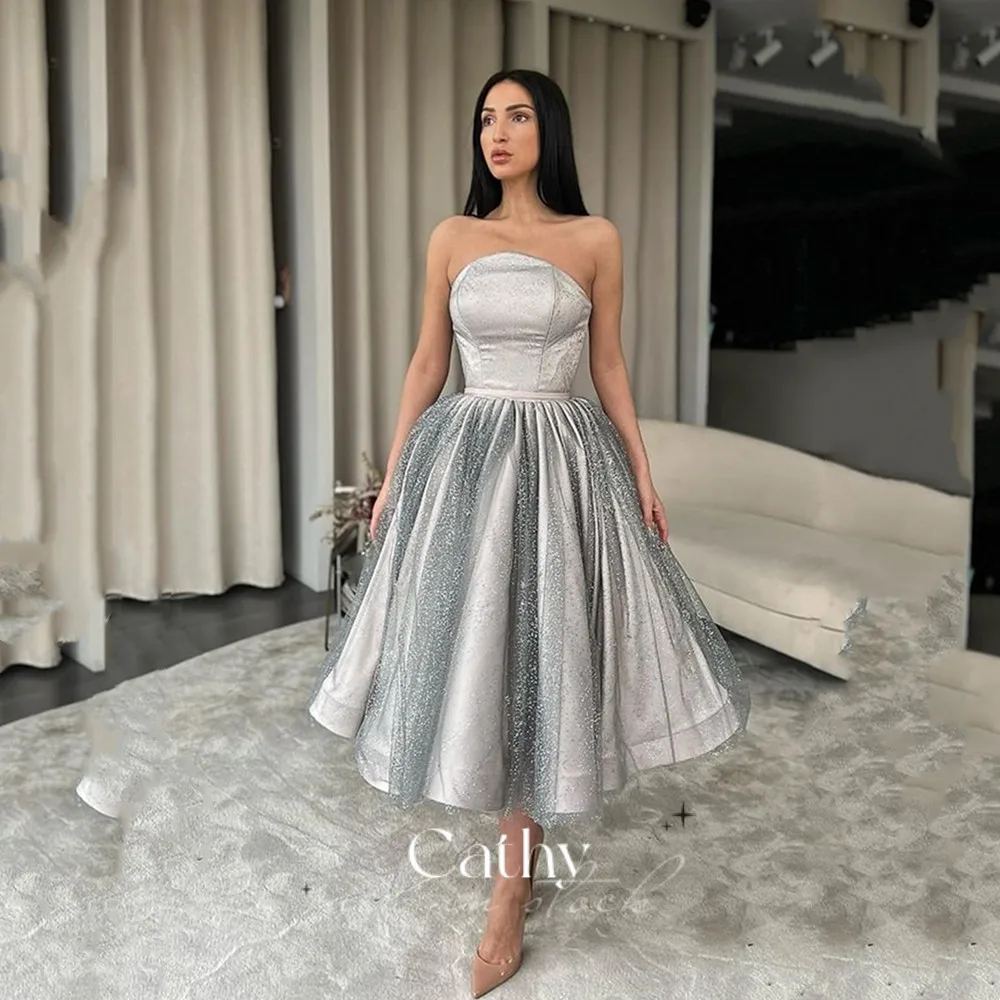 

Cathy Strapless Knee Prom Dresses Princess Glitter Grey Tulle Evening Dresses Lace Up Design Vestidos De Fiesta