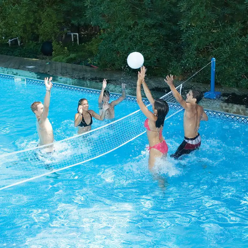 

Stylish 12ft In-Ground Swimming Pool Volleyball Net Game with Weighted Supports for Fun-Filled Days Outdoors.