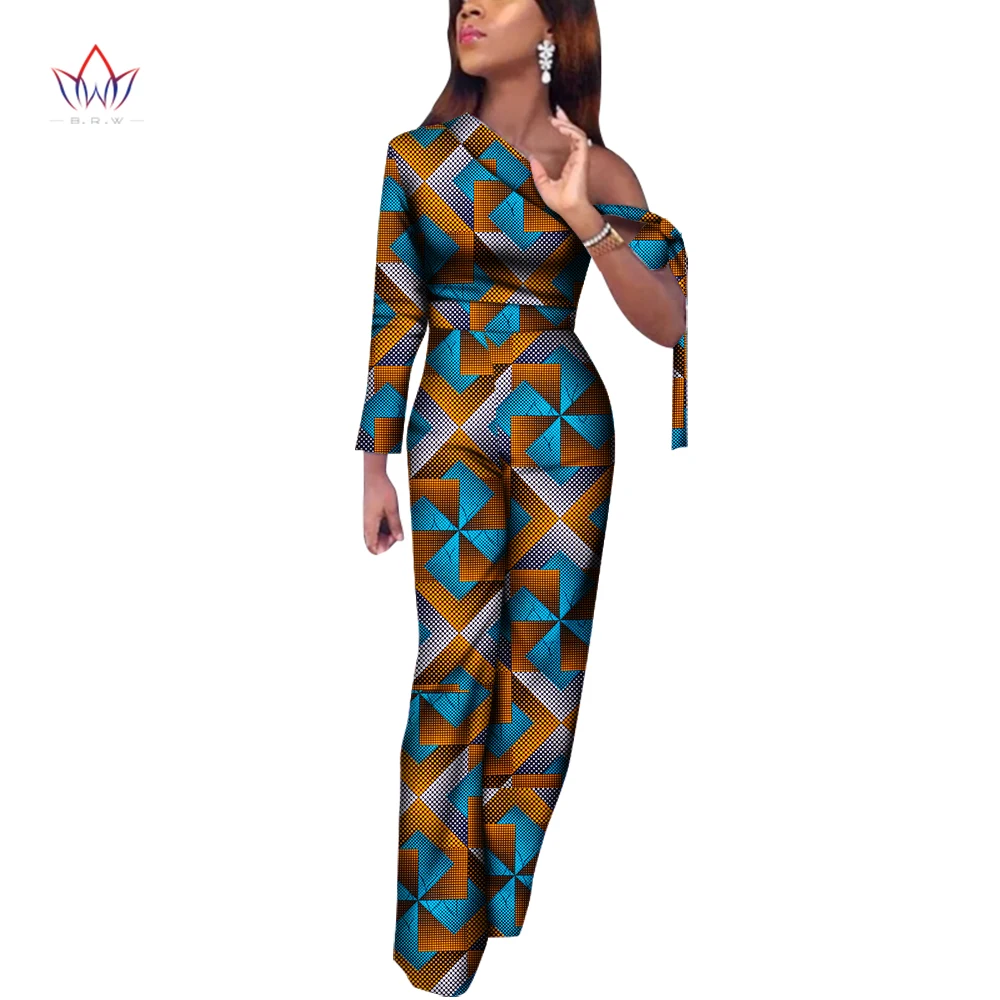 

Fashion Women Jumpsuits African Print One Shoulder High Waist Long Jumpsuit Rompers Bazin Riche Dashiki Africa Clothing WY7442