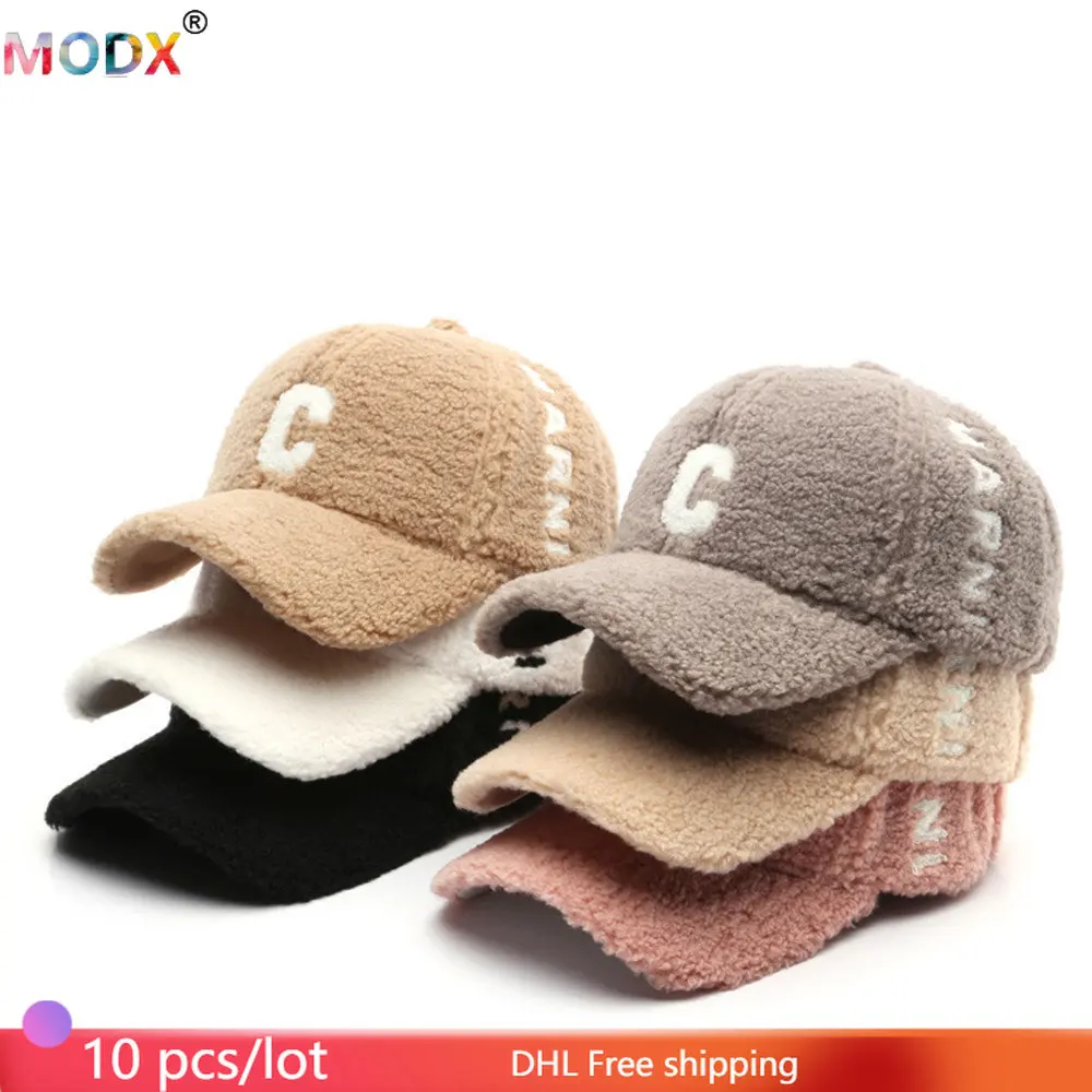 10 PCS Wholesale Baseball Cap Women and Men C Embroidery Lamb Wool Hats Casual Outdoor Visors Warm Sun Snapback Unisex Caps 8993