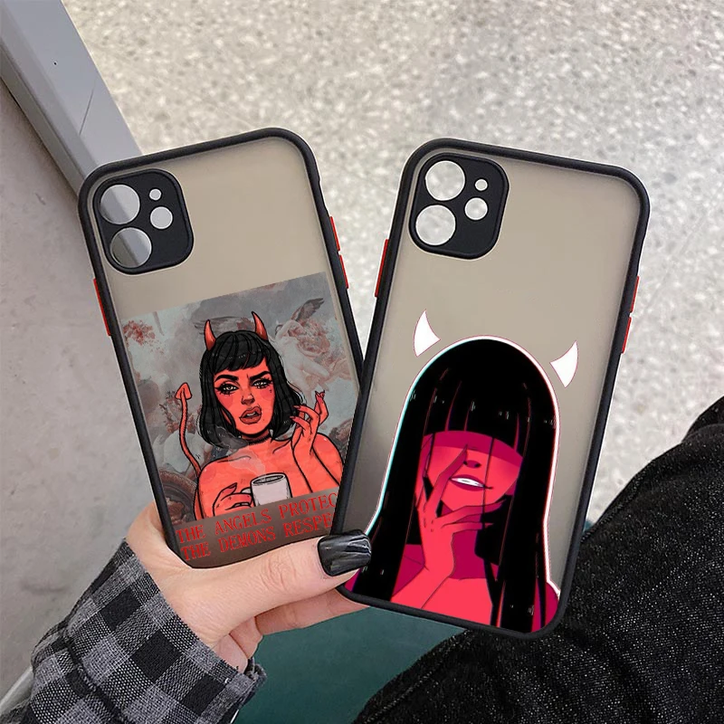 

Cute Sexy Girl Devil Cellphone Bumper Clear Matte PC Back Phone Case For iphone 11 12 13 Pro XS Max 6s 7 8 Plus X XR Black case