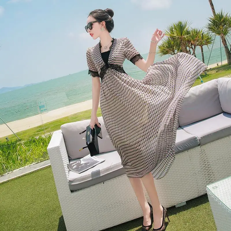 

Women 2022 Summer New Fashion Long Lace Patchwork Dress Female Short Sleeve Loose Dresses Ladies O-neck Pullover Vestidos E90