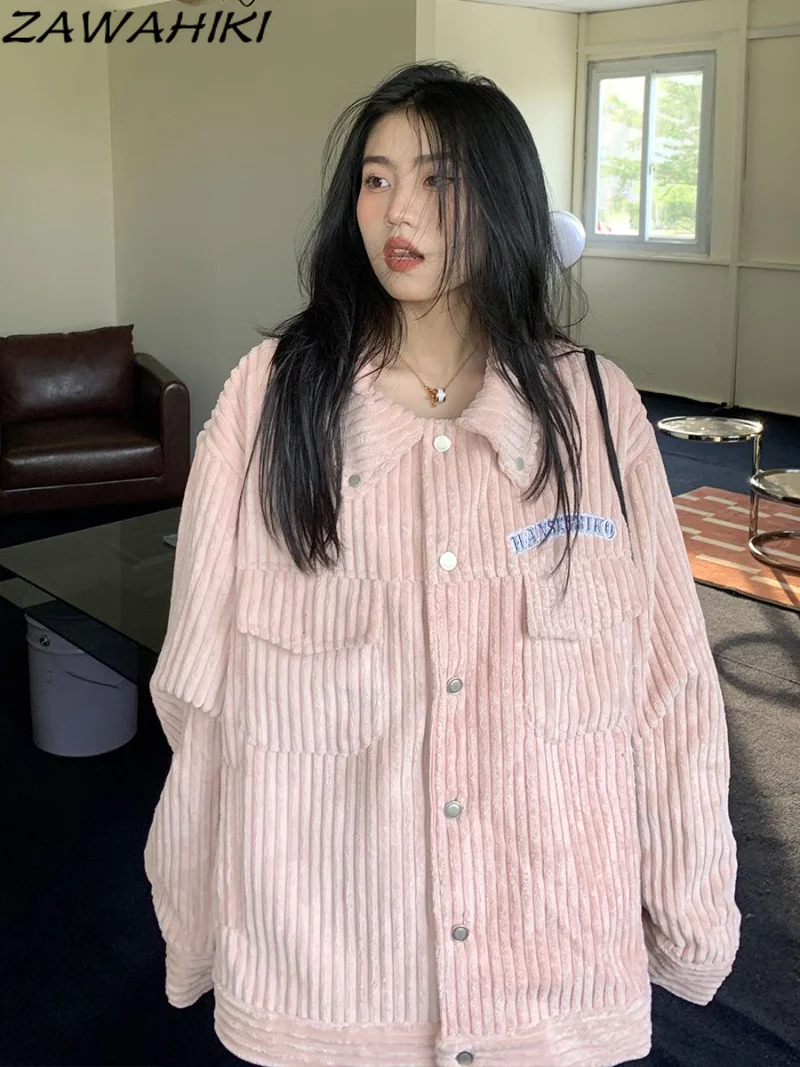 

Женское вельветовое пальто в стиле ретро, розовая бейсбольная куртка с отложным воротником, свободная куртка с длинным рукавом, Женская Пов...