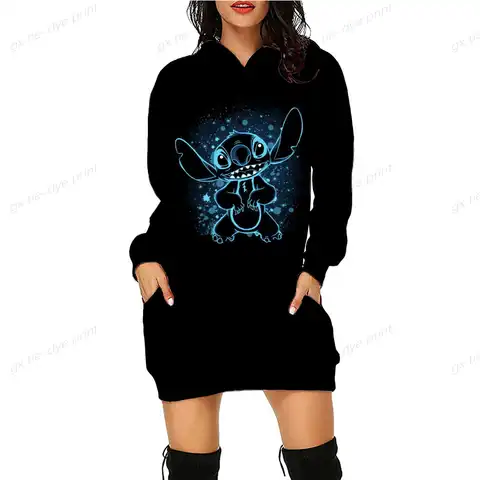 Women's Autumn Kawaii Newborn Girls Sweatshirt Women's Long Cute Hooded Disney Stitch Printed Hoodie Women's Hoodie Dress Casual