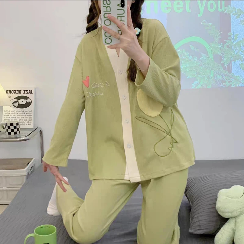 Pajamas for Women's Spring Student Youth Style Flower V-neck Soft Home Service Suit Casual Breathable and Comfortable Nightwear