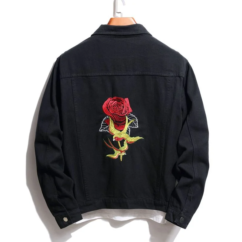 

Джинсовая куртка мужская с вышивкой в виде цветка розы и птицы, модный стрейчевый Свободный Топ из денима, верхняя одежда оверсайз