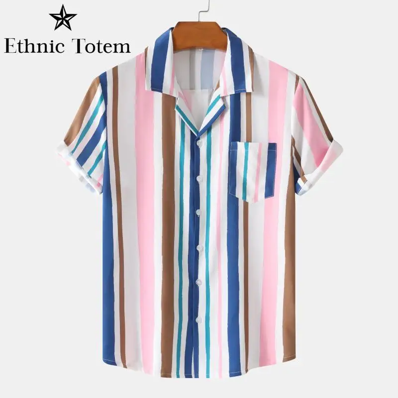

Beach Shirt Man Kids Hawaii Shirts Men's Casual Blouse Cotton Linen Shirt Hawaiian Short Sleeve Shirt Stripe Shirt Men