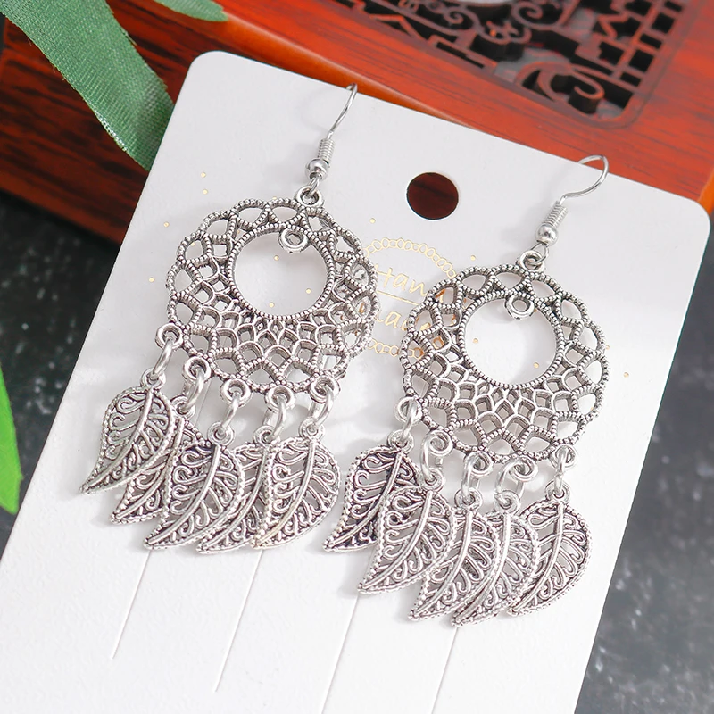 

Vintage Unique Design Big Round Drop Earrings Bohemian Ethnic Tibetan Silver Color Carved Flowers Dangle Earrings For Women Gift